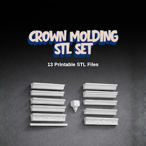 May include: White crown moulding STL set with various designs. The image includes the text "CROWN MOLDING STL SET" and "13 Printable STL Files". The mouldings are arranged on a grey background.