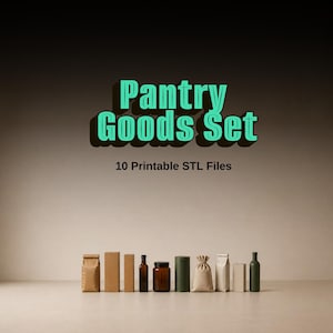 May include: An assortment of pantry items, such as paper bags, boxes, bottles, and jars, are displayed in a line. The words "Pantry Goods Set" in green are at the top, with "10 Printable STL Files" underneath. The items are in shades of brown, green, and clear glass.