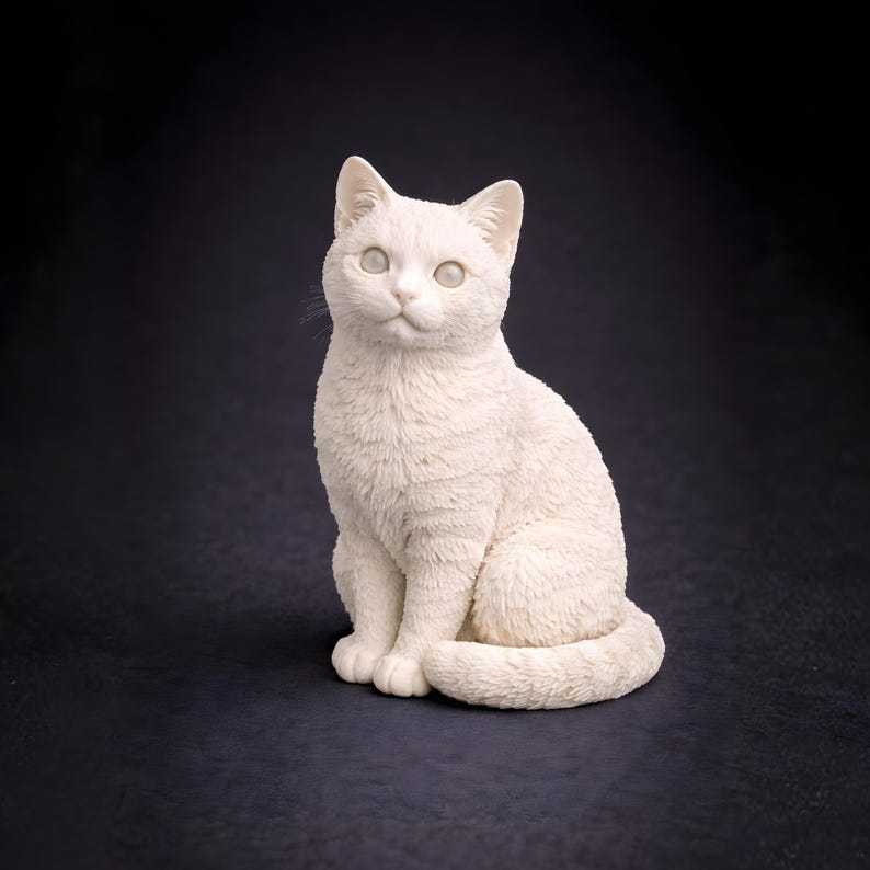 3D printable cat STL compact sitting pose with wrapped tail, realistic cat sculpture digital file