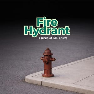 Op de afbeelding: Een roestbruine brandkraan staat op een betonnen stoep naast een geasfalteerde weg. De woorden "Fire Hydrant" zijn groen, boven de tekst "1 piece of STL object".