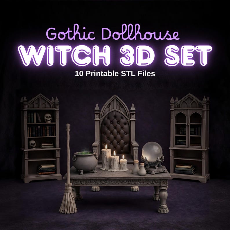 Gothic witch dollhouse scene with miniature witch table, high-back chair, candles, cauldron, crystal ball, spell books and potion shelf, designed as printable witch dollhouse STL furniture set for miniatures and diorama projects.