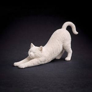 3D printable cat STL stretching pose with front paws extended, detailed feline anatomy, printable sculpture file