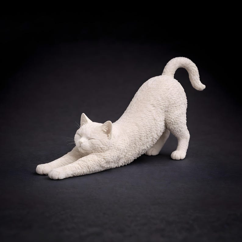 3D printable cat STL stretching pose with front paws extended, detailed feline anatomy, printable sculpture file