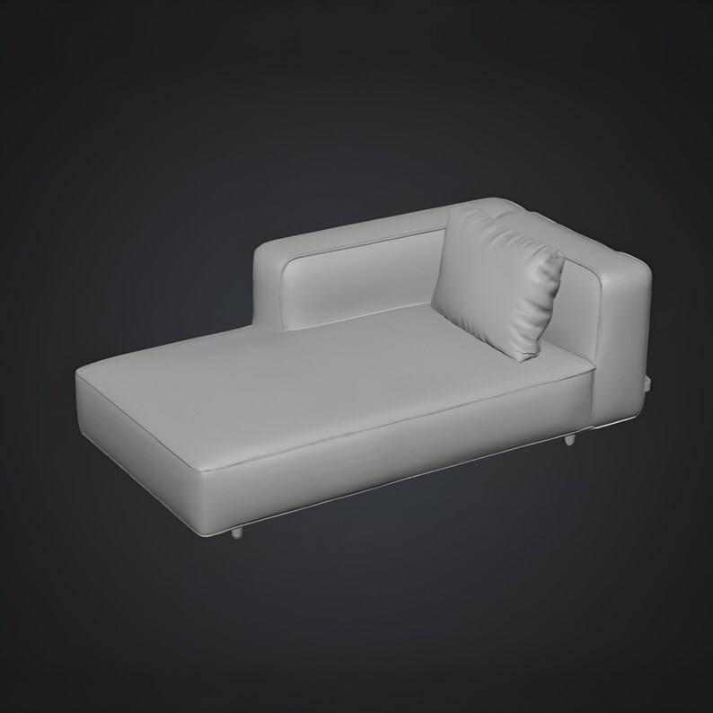 Single chaise lounge sofa element 3D STL files designed with elongated seating proportions and integrated cushion structure. This printable model is suitable for modern interior visualization, architectural layouts, miniature environments and flexible 3D printed modular seating projects.