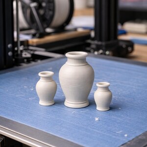 Set of three 3D printed vase STL models, classic pottery-style miniatures for home decor, tabletop dioramas or game scenery
