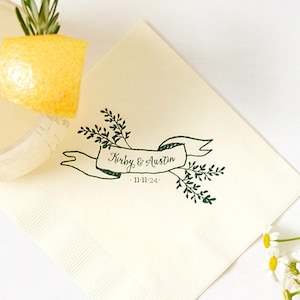 Customized Party Napkins -  Names Banner - Personalized Wedding Napkins, Engagement Party, Anniversary, Birthday, Foil Stamped, Greenery