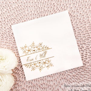 Personalized Reception Napkin,  Floral Bouquet with Script Linen Like Cocktail Napkins - Wedding Napkins, Wedding Decor, Dessert Table