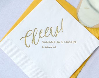 Custom Cocktail Napkins Cheers! Script - Wedding Cocktail Napkins, Paper Party Napkins, Personalized Foil Napkin, Birthday, Anniversary