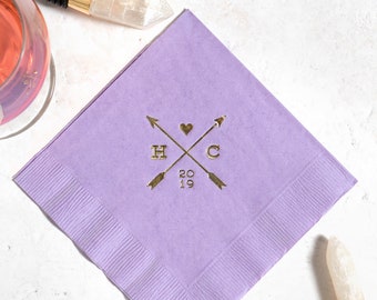 Cocktail Napkins Custom Printed Initials & Arrows - Personalized Wedding Napkins, Wedding Decor, Engagement Party, Bridal Shower, Real Foil