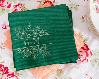 Custom Cocktail Napkins Wedding, Floral Initials, Linen Like Feel - Personalized Wedding Napkin, Wedding Decor, Dessert Table, Bridal Shower