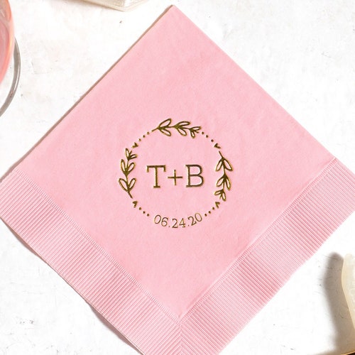 Wedding Cocktail Napkins Names Date Wreath Personalized Etsy