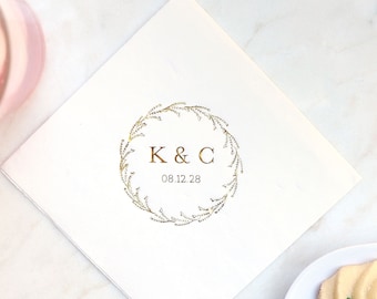 Wedding Napkins Custom Initials with Delicate Budding Wreath - Wedding Napkins, Wedding Decor, Foil Stamped Napkins, Reception Decoration