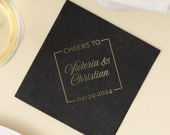 Personalized Wedding Napkins-Modern Cheers-Linen Like Cocktail Napkins - Custom Wedding Napkins, Wedding Reception Decor, Napkin, Cheers