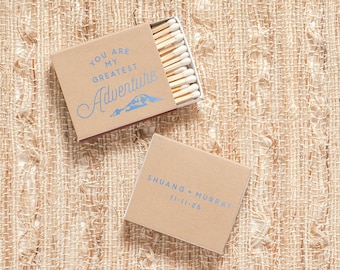 Custom Printed Matchboxes Greatest Adventure - Wedding Favor, Wedding Matches, Personalized Matches, Custom Matchboxes, Wood Grain Paper