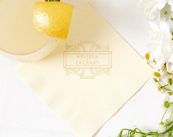 Customized Geometric DecoCocktail Napkins - Beverage Napkins, Wedding Decor and Napkins, Personalized Napkins, Art Deco, Engagement