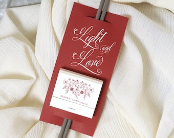 Personalized Sparkler Sleeve, Light And Love, with Matchbook - Wedding Sparkler Send Off, Favors, Custom Sparkler Sleeves, Sparkler Tag