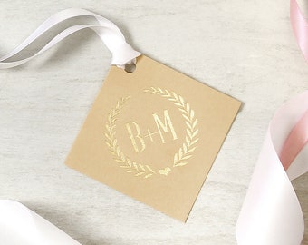 Personalized Wedding Favor Tags - Crest Heart - Wedding Gift Tags, Custom Gift Tags, Hang Tags Custom, Wedding Favors, Wedding Decor