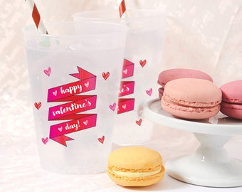 Happy Valentine's Day Party Cups - Set of 12 Frosted Plastic Cups with Valentine's Banner