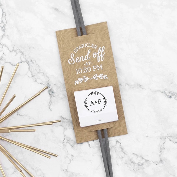 Personalized Sparkler Sleeve with Matchbook, Custom Date Wreath - Wedding Sparkler Send Off, Wedding Favors, Sparkler Tags, Custom Favors