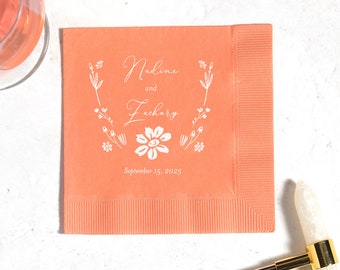 Wildflower Party Napkins - Customized Wedding Cocktail Napkins with Names - Personalized Decoration, Wedding Supply, Foil Stamped Bar Decor