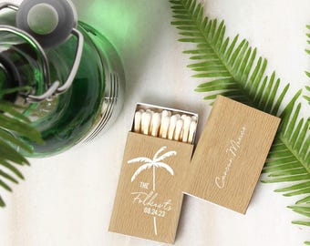 Custom Matchboxes, Tropical Palm Tree Favors, Beach Wedding | Paper Sleeve, Wooden Matches | 25 Min