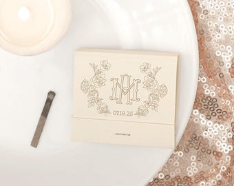 Custom Matchbooks, Floral Crest Monogram, Personalized Wedding Favors, 30 Strike