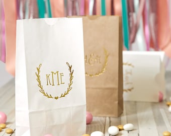 Custom Goodie Bags - Monogram Heart Wreath - Party Favors, Wedding Gift Bags, Candy Bar, Popcorn Bags, Bridal Shower, Birthday, Bat Mitzvah