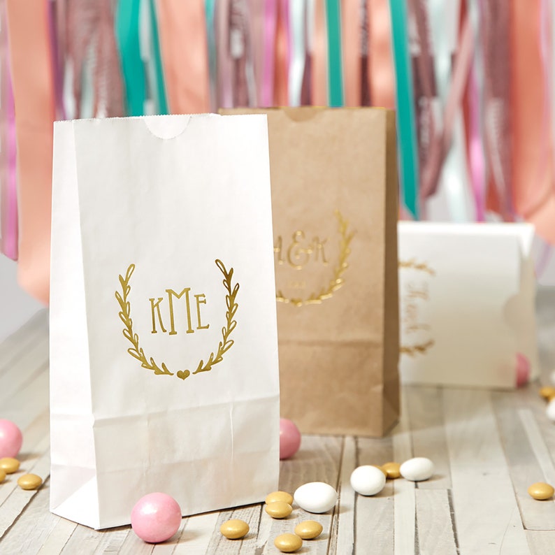 Custom Goodie Bags Monogram Heart Wreath Party Favors, Wedding Gift Bags, Candy Bar, Popcorn Bags, Bridal Shower, Birthday, Bat Mitzvah image 1