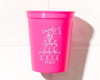 Stadium Cups, Hand-Drawn Champagne Tower Design, Personalized Names - BPA Free Plastic, 16oz