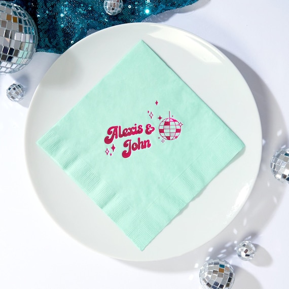 Personalized Disco Ball Napkins - Custom Printed 6.5 inch Lunch Napkins - 3 ply Paper Napkins for Weddings, Buffet, Brunch, Showers