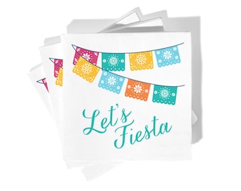 Let's Fiesta - Pack of 20 or 50 Party Cocktail Napkins -  Papel Picado Banner, Wedding, Engagement, Shower, Birthday, Taco Party