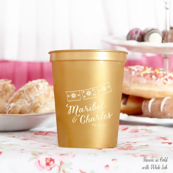 Personalized 16oz Stadium Cups - Papel Picado with Script Font Design for Parties