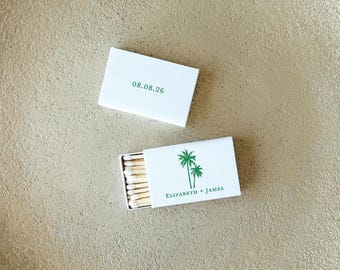 Personalized Wedding Matchbox, Romantic Tropical Palm Tree Design - Foil Stamped, Party Favor