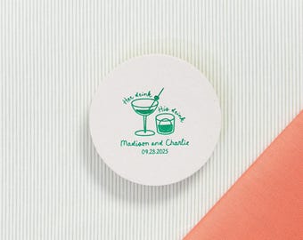 Cocktail Hour Coasters, Personalized Round Wedding Favors, Foil Stamped Names, Date, 4 Inch Pulp Board