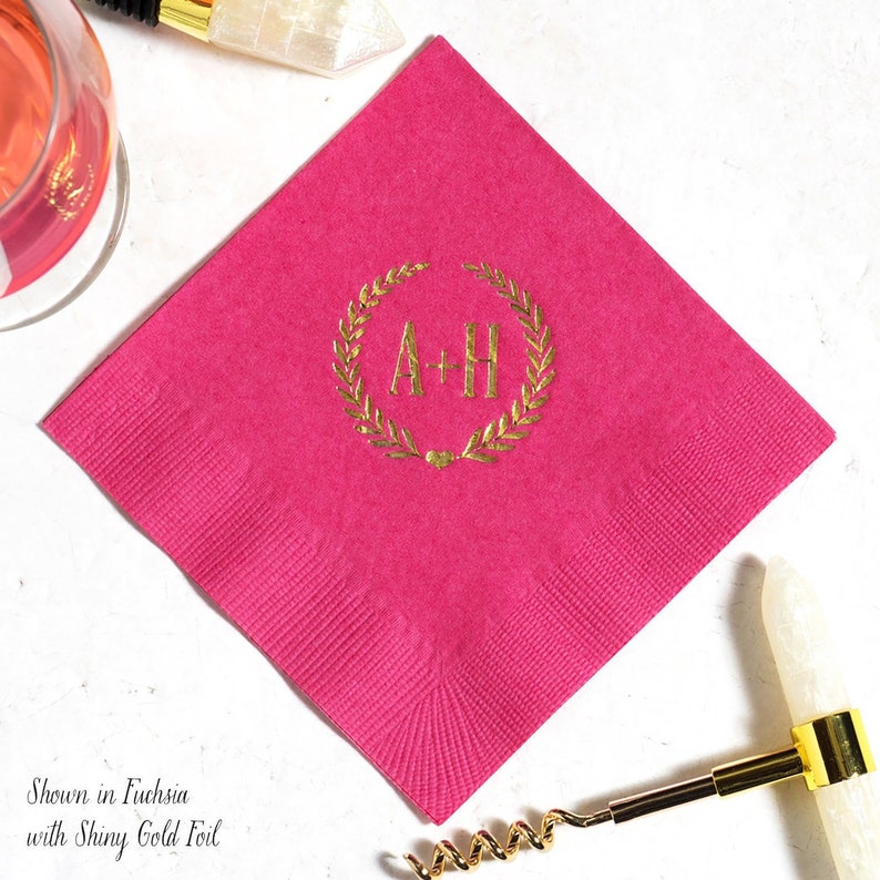 Custom Cocktail Napkins Wedding With Heart Laurel and Initials Etsy