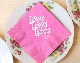 Personalized Party Napkins - Love, Love, Love - 5 inch Square Wedding and Party Napkin, Paper Napkins, Retro Disco Style