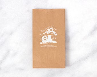 Popcorn Bag, Whimsical Mushroom Goodies | Paper Gusseted Pouch, Serrated Top | 4.25x8x2.25