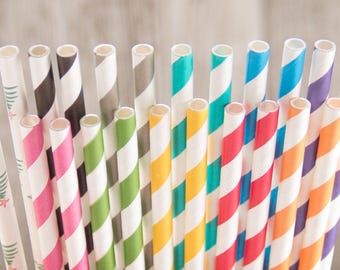 Striped Straws, Retro Colorful Cocktail Accessories, Wedding Bridal Shower | Paper | Pack Of 50, 7 3/4 Inch