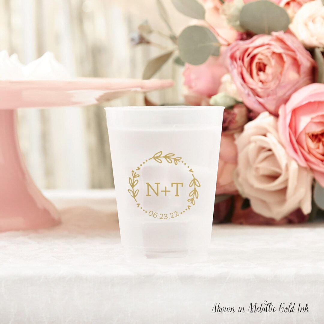 Custom Wedding Cups - 10 Oz Plastic Frost Flex Cups - Date Wreath With ...