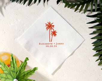 Cocktail Napkins, Romantic Tropical Palm Tree Design, Personalized Foil Stamped | 3-Ply Paper