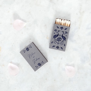 Wedding Favors, Wildflower Crane Matchboxes - Cardstock Boxes, Wooden Matchsticks, Personalized Back Text