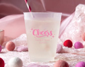 Cheers, Frosted 10oz Party Cups | Personalized Plastic Cups, Reusable BPA Free, Shatterproof Wedding Favor