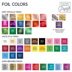 a collection of various metallic finishes and matte finishes, along with a section titled "Picture Perfect Paper". The image is a collage of different color samples and descriptions, and it is not a single image but a collection of multiple images. The image does not contain any redundancy or vague descriptions, and it does not begin with phrases like "The image depicts", "The image displays", "The image shows", "In the image", "The image captures", "The image features", or similar phrases.