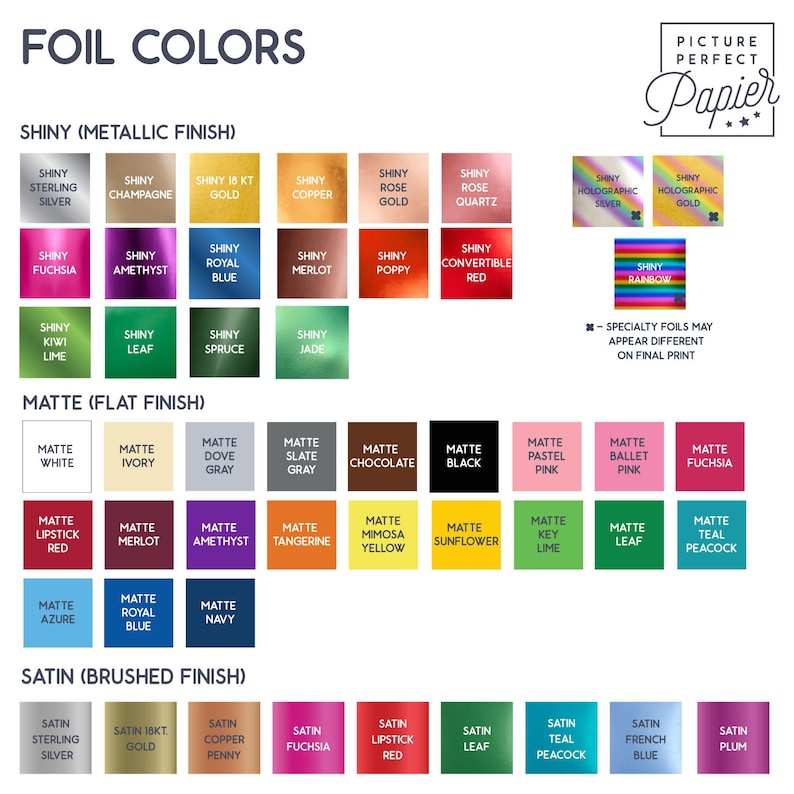 a collection of various metallic finishes and matte finishes, along with a section titled "Picture Perfect Paper". The image is a collage of different color samples and descriptions, and it is not a single image but a collection of multiple images. The image does not contain any redundancy or vague descriptions, and it does not begin with phrases like "The image depicts", "The image displays", "The image shows", "In the image", "The image captures", "The image features", or similar phrases.