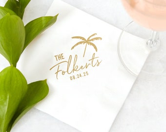 Tropical Palm Tree - Personalized Wedding Cocktail Napkins, Party Decor, Foil Stamped, Bar Decor