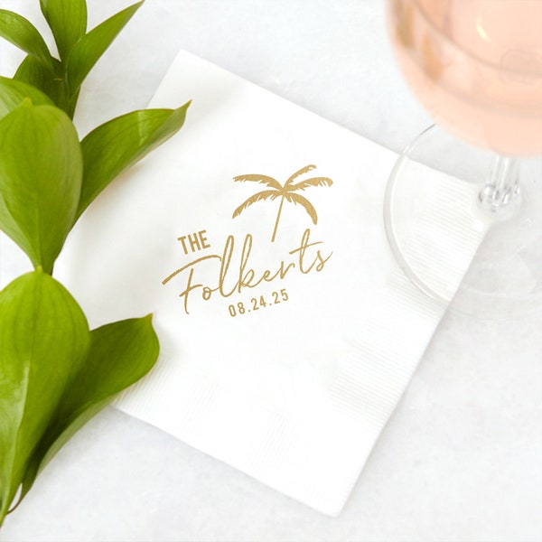 Tropical Palm Tree - Personalized Wedding Cocktail Napkins, Party Decor, Foil Stamped, Bar Decor