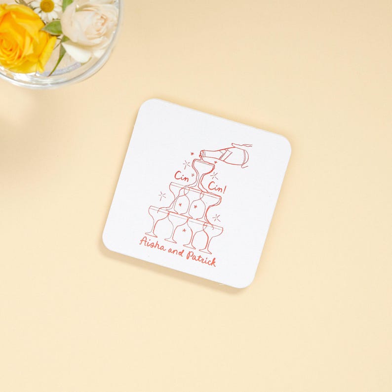 Posavasos personalizados para bodas: diseño de torre de champán para la decoración de la mesa. imagen 1