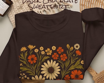 BOHO Fall Floral Vint Crewneck Sweatshirt, Bella Canvas Long Sleeve T-shirt, Vint Style Daisy flower Pullover, Nature Lover Gift, Tee, shirt