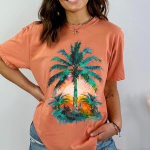 Tropical Palm Tree T-shirt, Sunset Summer Tee, Beach TShirt, Comfort colors tshirt, Vacation shirt, 100 percent cotton t shirt, ocean art t