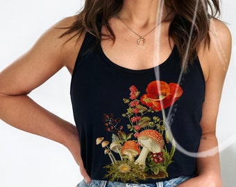 May include: A black tank top with a floral print featuring red poppies, mushrooms, and green leaves.